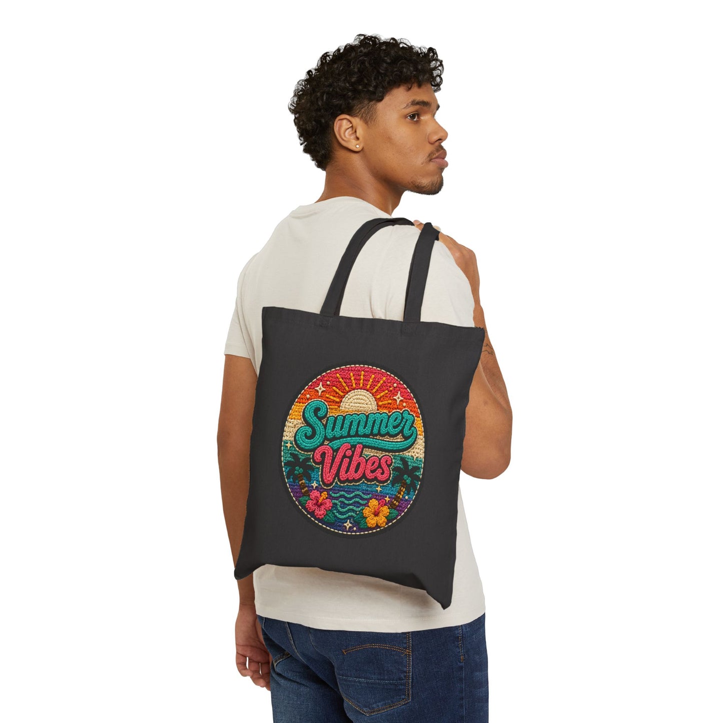 Summer Vibes Canvas Tote — Retro Beach Cotton Tote Bag