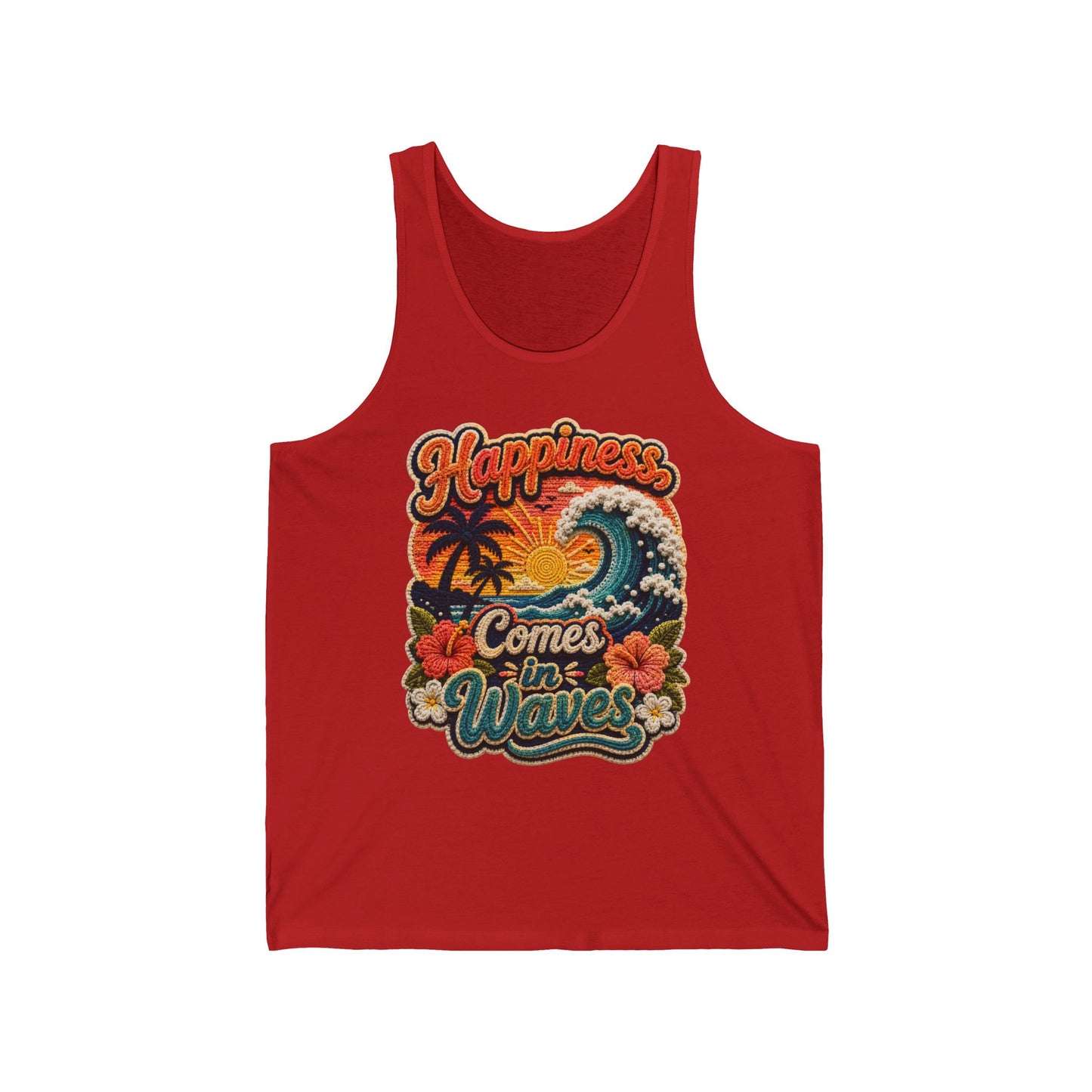 Happiness Comes in Waves Tank — Retro Beach Surf Palm Tree Graphic Tank Top