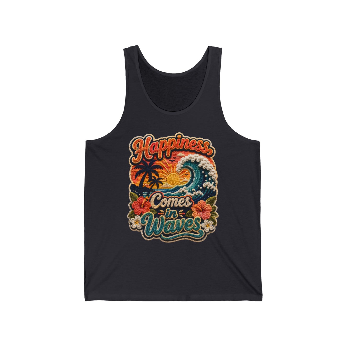 Happiness Comes in Waves Tank — Retro Beach Surf Palm Tree Graphic Tank Top