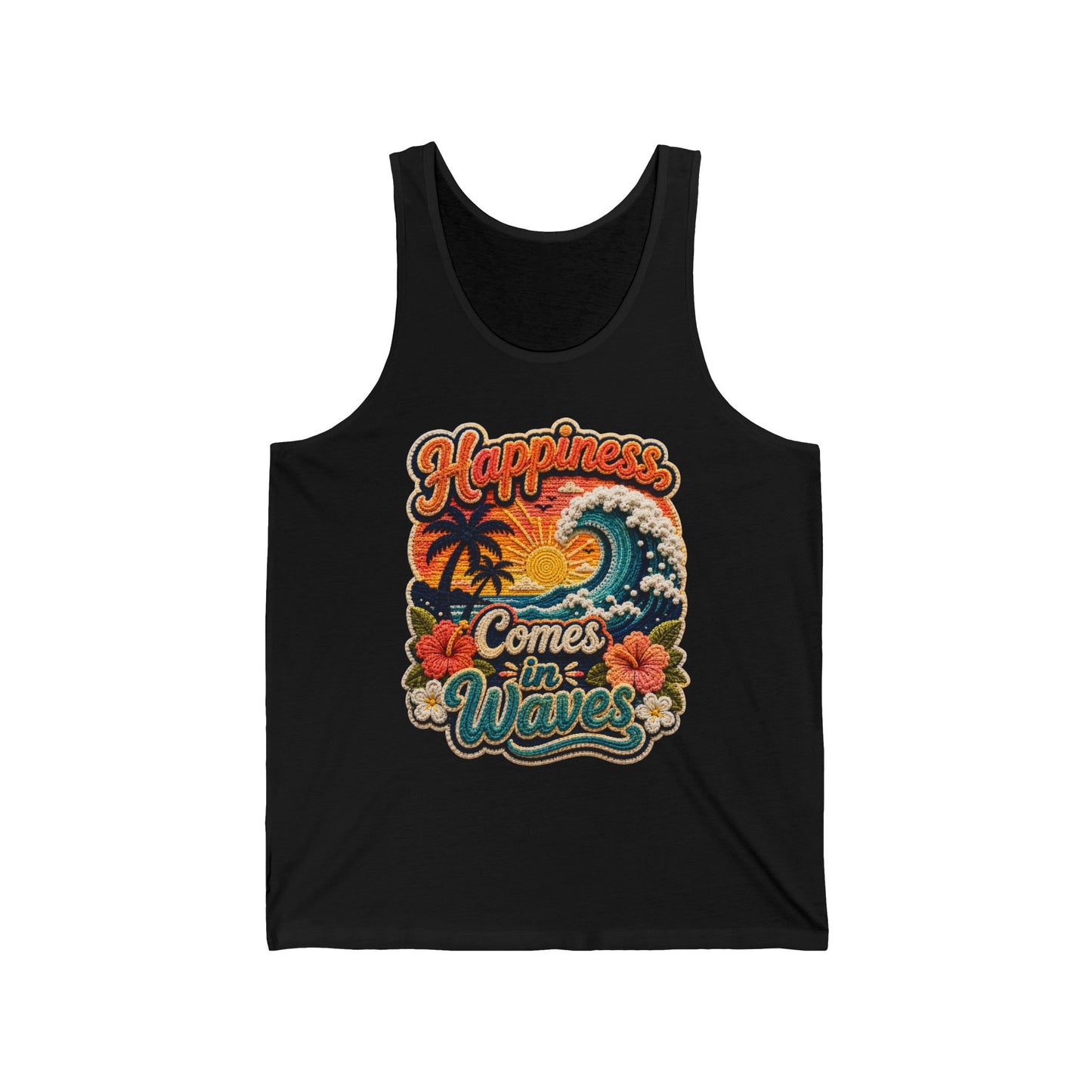 Happiness Comes in Waves Tank — Retro Beach Surf Palm Tree Graphic Tank Top