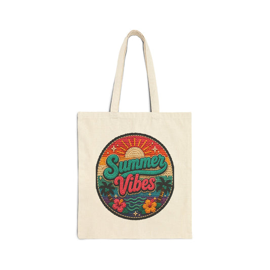 Summer Vibes Canvas Tote — Retro Beach Cotton Tote Bag