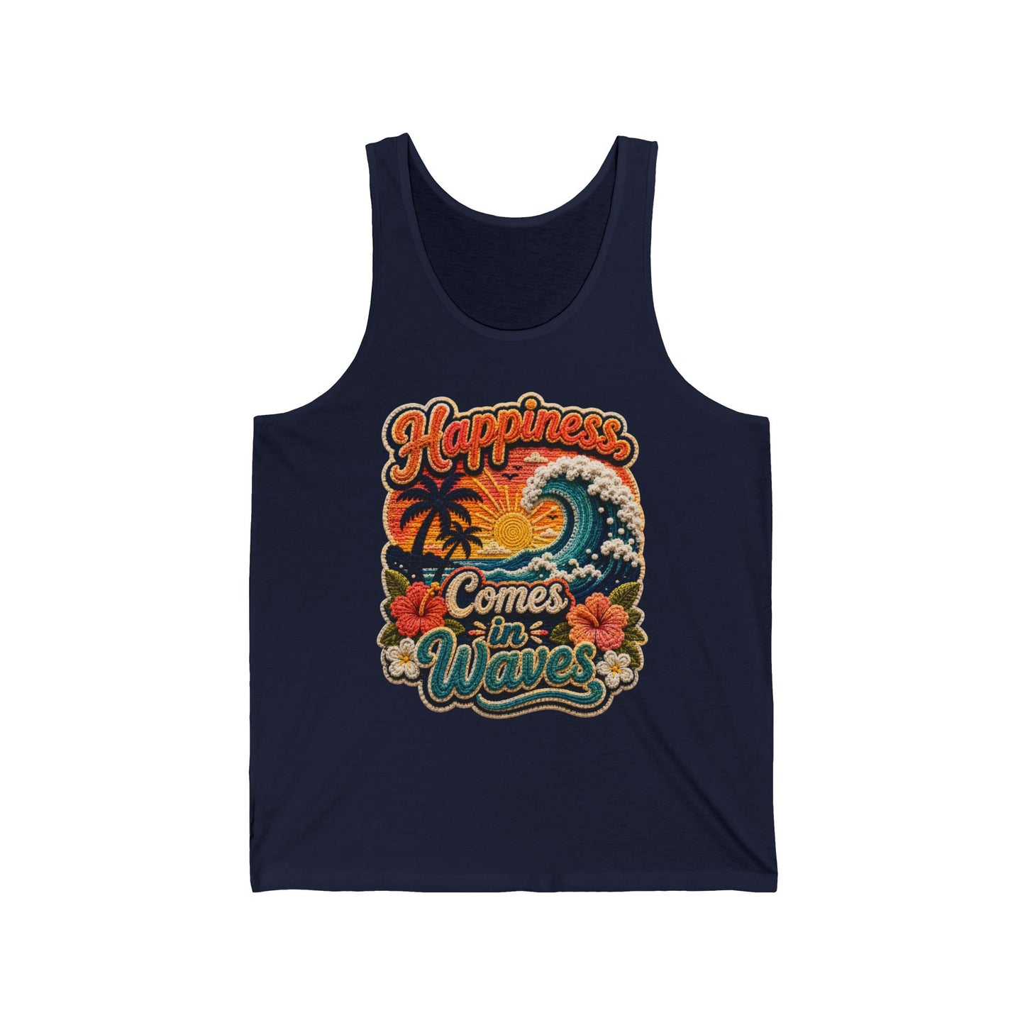 Happiness Comes in Waves Tank — Retro Beach Surf Palm Tree Graphic Tank Top