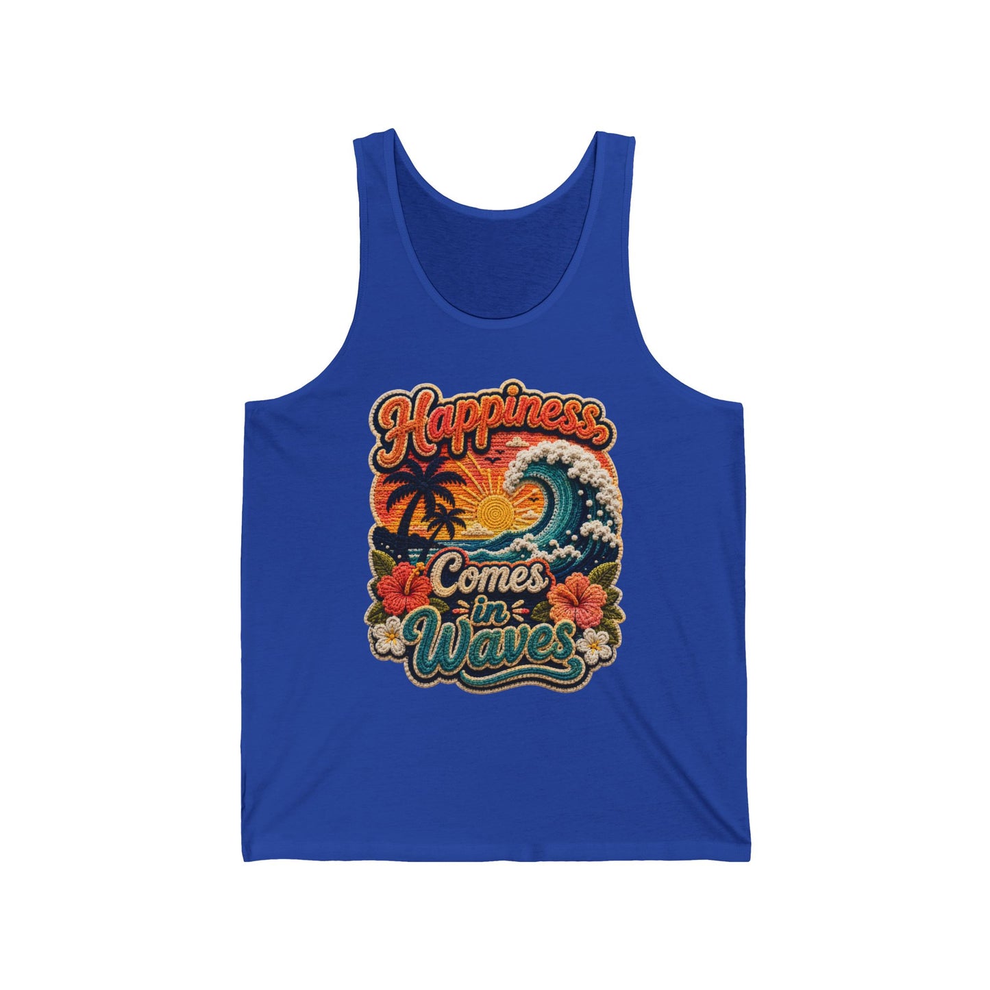 Happiness Comes in Waves Tank — Retro Beach Surf Palm Tree Graphic Tank Top