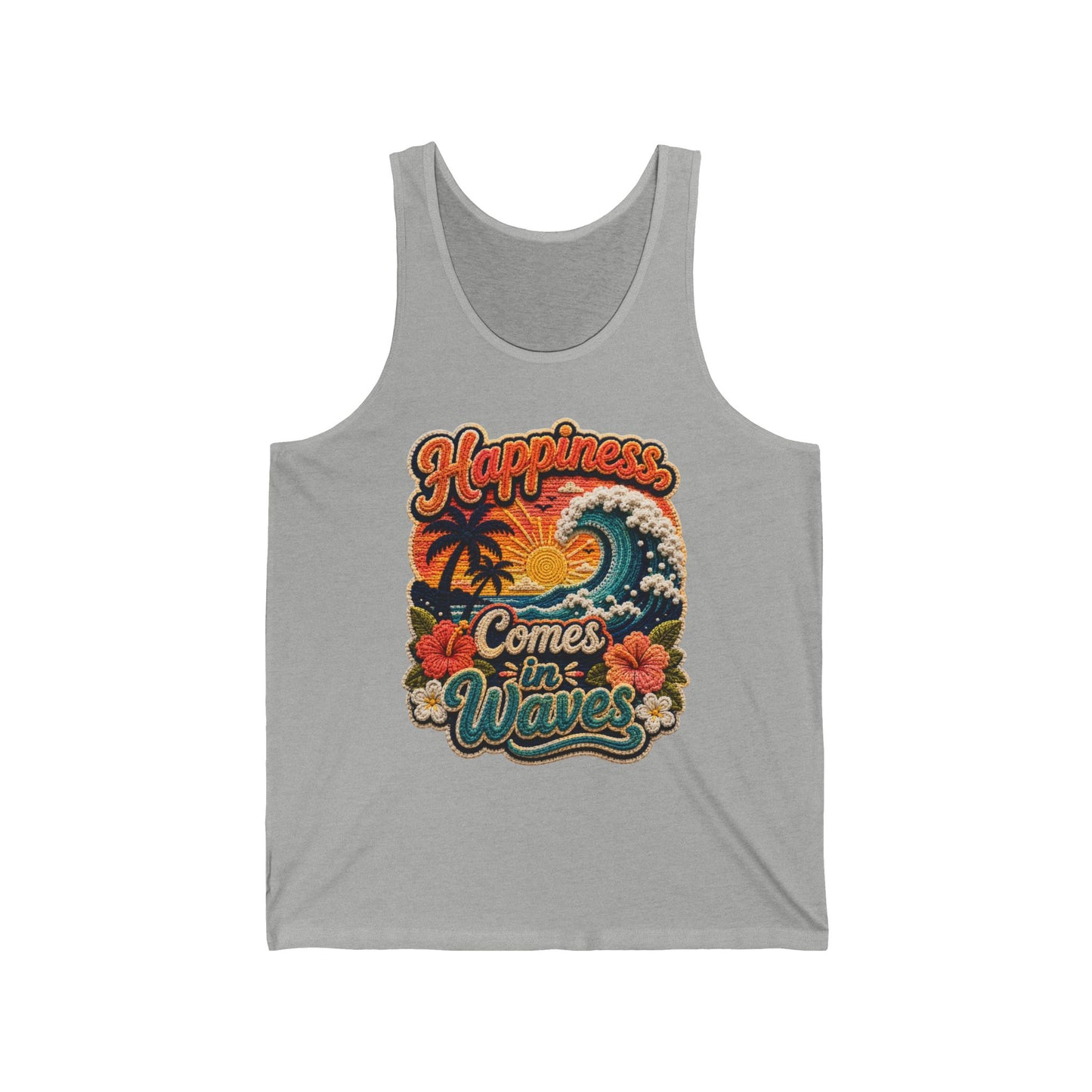 Happiness Comes in Waves Tank — Retro Beach Surf Palm Tree Graphic Tank Top