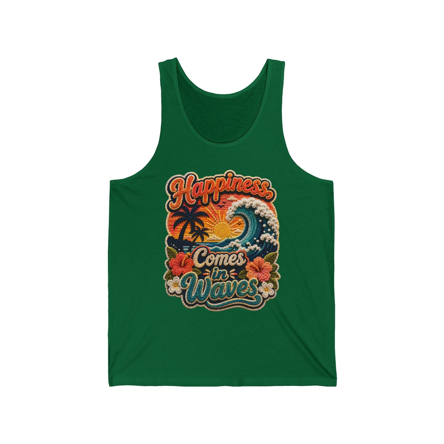Happiness Comes in Waves Tank — Retro Beach Surf Palm Tree Graphic Tank Top