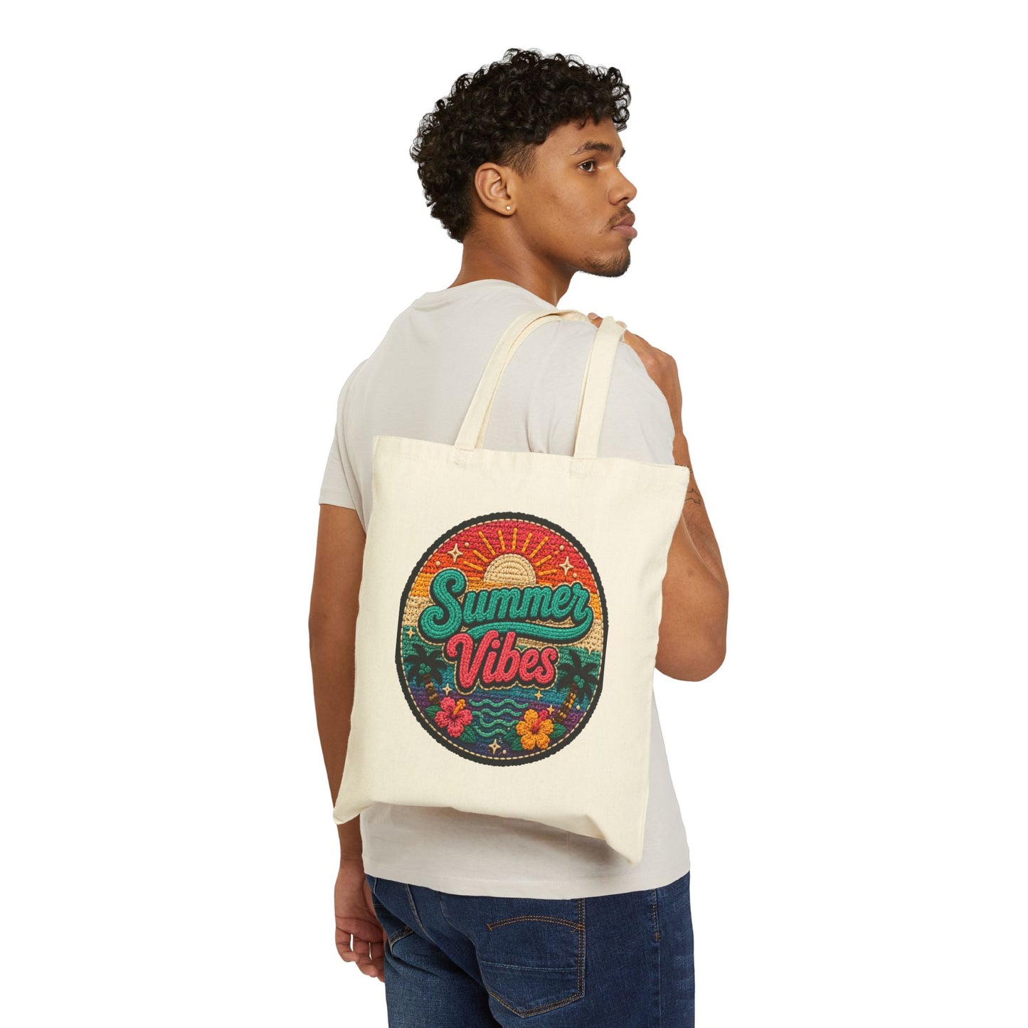 Summer Vibes Canvas Tote — Retro Beach Cotton Tote Bag