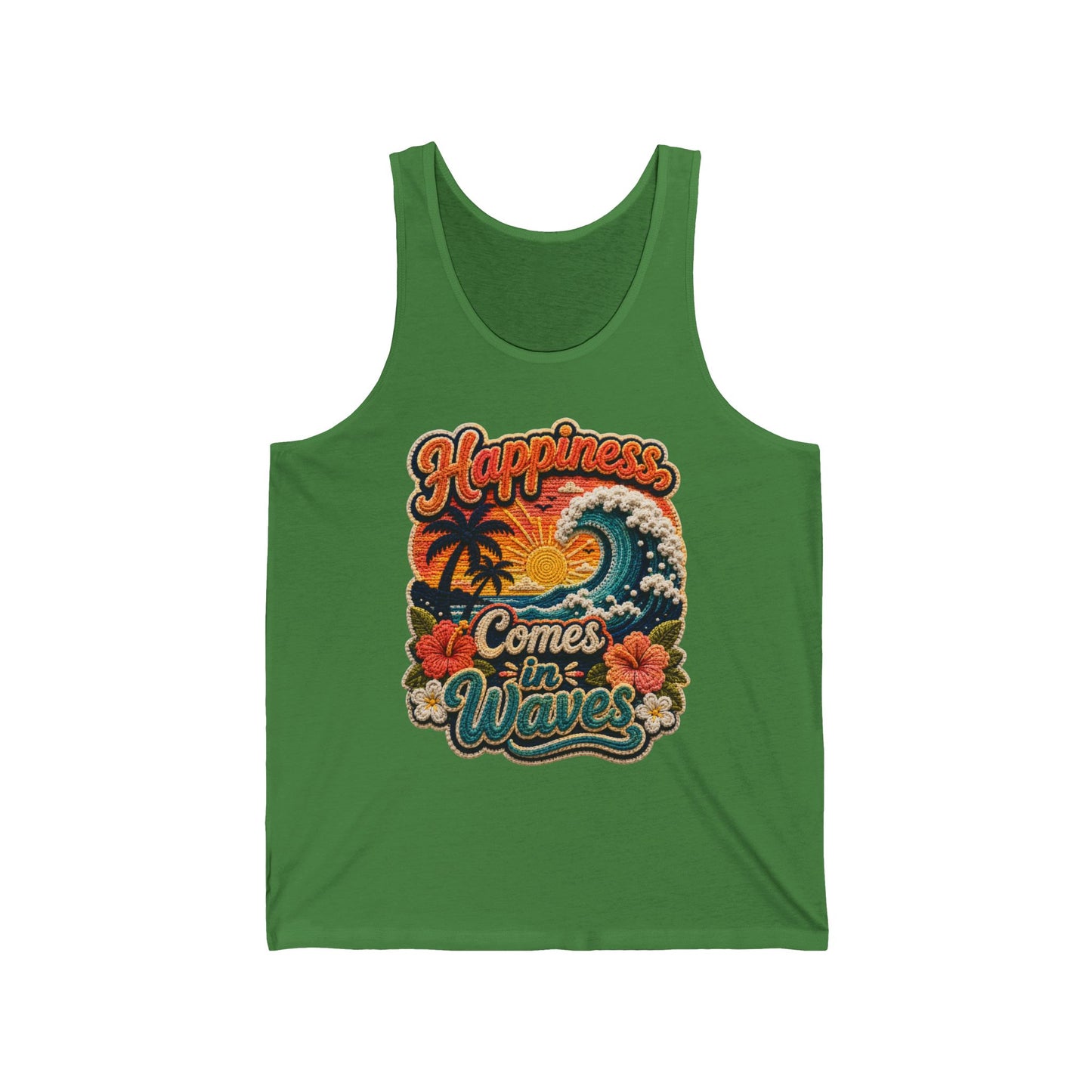 Happiness Comes in Waves Tank — Retro Beach Surf Palm Tree Graphic Tank Top