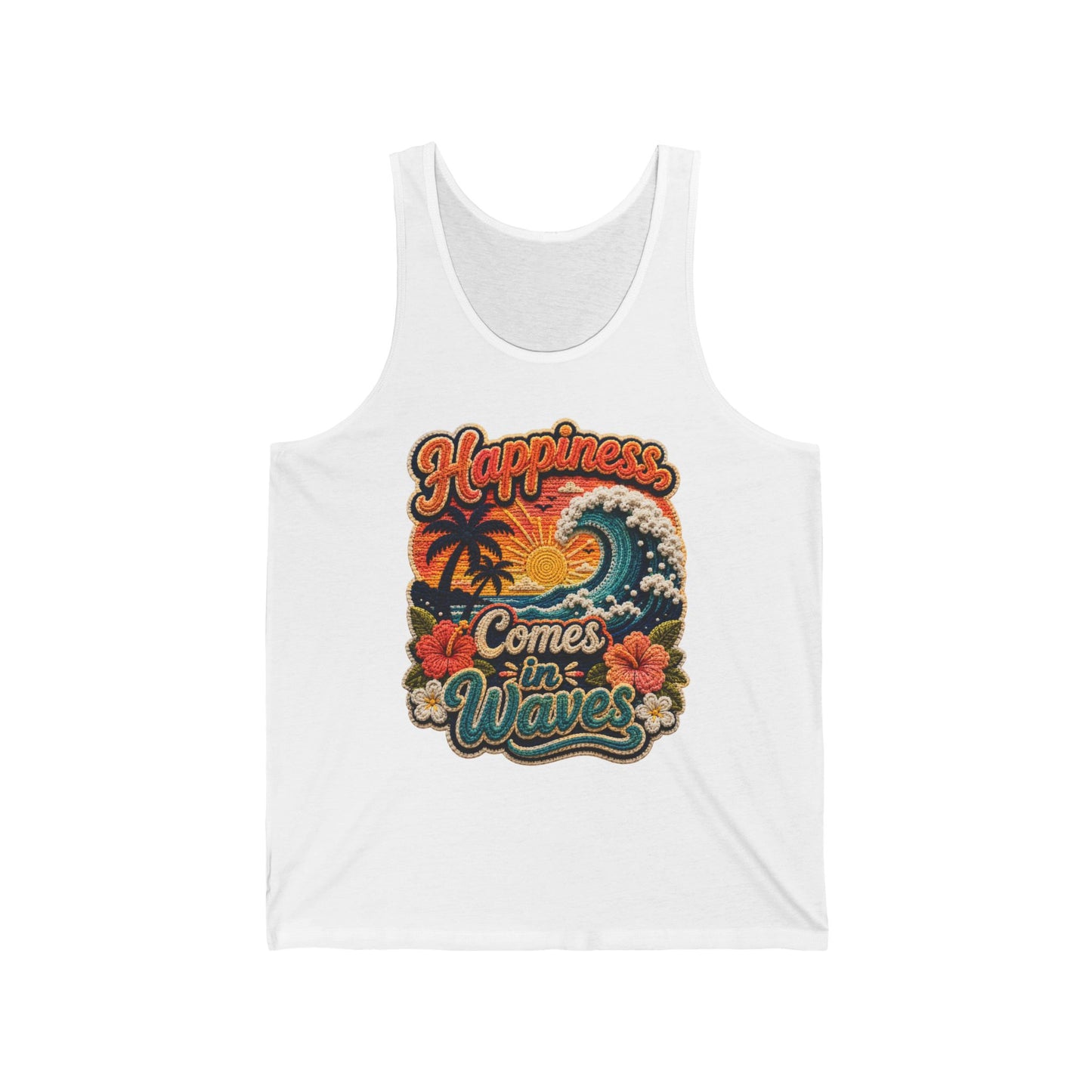 Happiness Comes in Waves Tank — Retro Beach Surf Palm Tree Graphic Tank Top