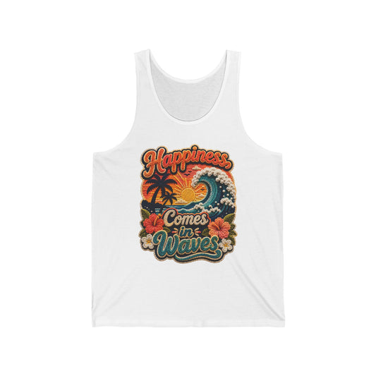 Happiness Comes in Waves Tank — Retro Beach Surf Palm Tree Graphic Tank Top